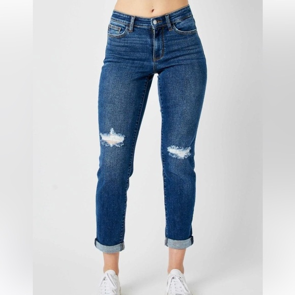 NWT Judy Blue Mid Rise Destroy Slim Fit In Dark Blue Wash Size 25/16W/20W - Picture 10 of 10